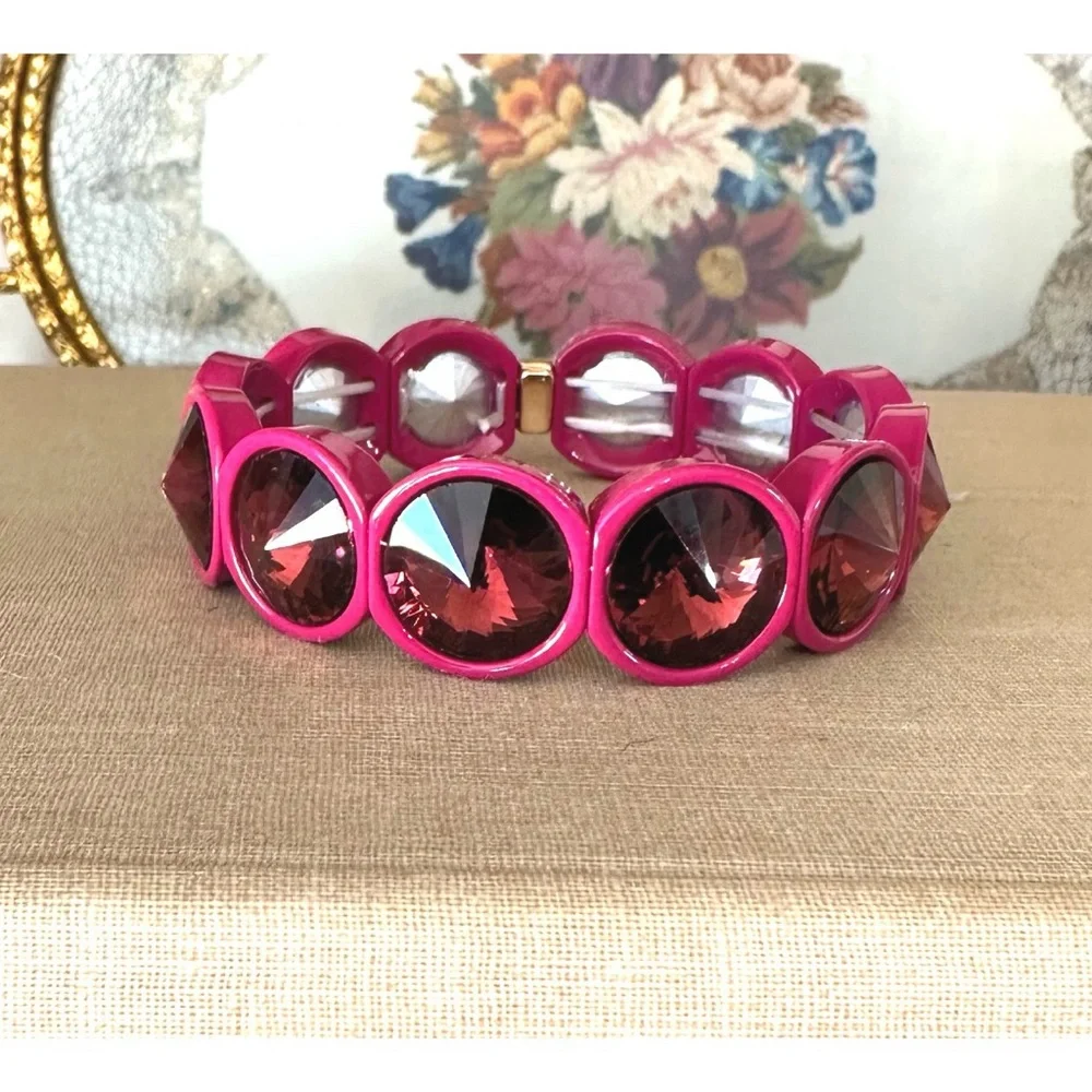 Dark Pink Big Crystal Elastic Enamel Stretch Bracelet, NEW